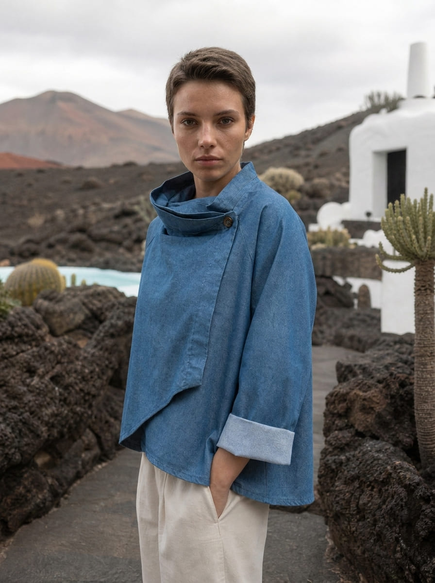 Mujer con WRAP JKT Denim azul en paisaje volcánico de Lanzarote con arquitectura blanca